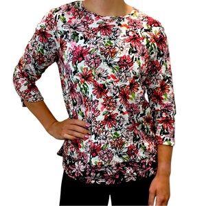 J. Jill Pink White Floral Quarter Sleeve Shirt Blouse Women Medium